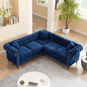 MH 80" Deep Button Tufted Upholstered Roll Arm Luxury Classic Chesterfield L-shaped Sofa 3 Pillows Included, Solid Wood Gourd Legs