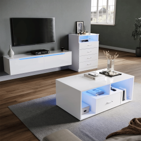 DFW Coffee Table with Storage Compartment Drawers and LED Adjustable Lights Available in 16 Colours Sofa Table Side Table White