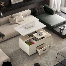 Modern Lift-Up Coffee Table with 4 Stools Set for Living Room Expandable 1 Hidden Storage + 2 Drawers Space Saving Folding Dining Table