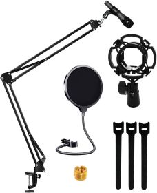 5 Core Microphone Arm Stand Upgraded Adjustable Suspension Boom Scissor Arm Mic Holder with Pop Filter 3/8" to 5/8" Adapter Mic Clip Shock Mount Cable