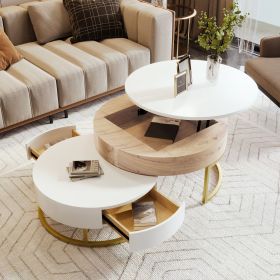 Modern Round Lift-top Nesting Coffee Tables with 2 Drawers (Material: MDF, Color: Oak Natural Wood + Antique White)