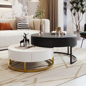 Modern Round Lift-top Nesting Coffee Tables with 2 Drawers (Material: MDF, Color: White+Black)